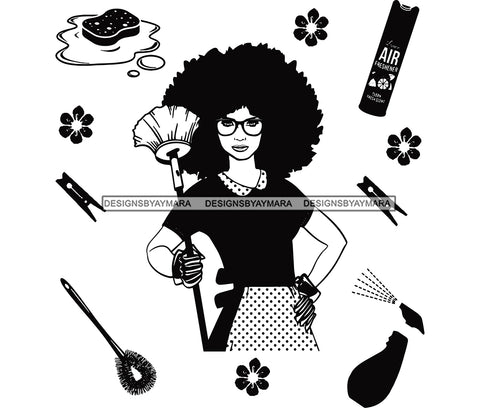 Cleaning Woman Service With Big Afro Cleaning Supplies In BW SVG JPG PNG Vector Clipart Cricut Silhouette Cut Cutting1