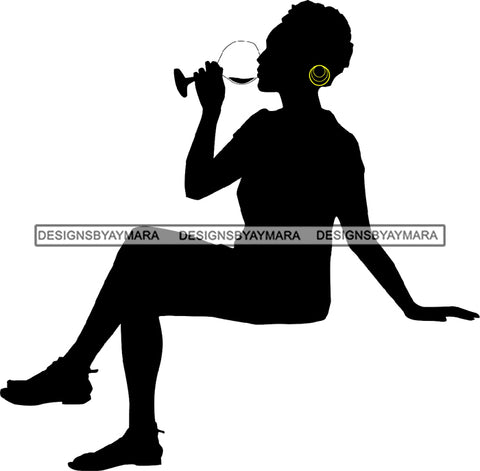 Afro Black Woman Silhouette Drinking Wine Relax Chilling Stress Free SVG Cutting Files For Silhouette Cricut and More!