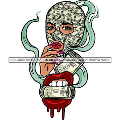 Afro Woman Money Roll On Mouth African American Woman Money Note Face Design Element Color Dripping Vector White Background Afro Woman Long Nail SVG JPG PNG Vector Clipart Cricut Silhouette Cut Cutting