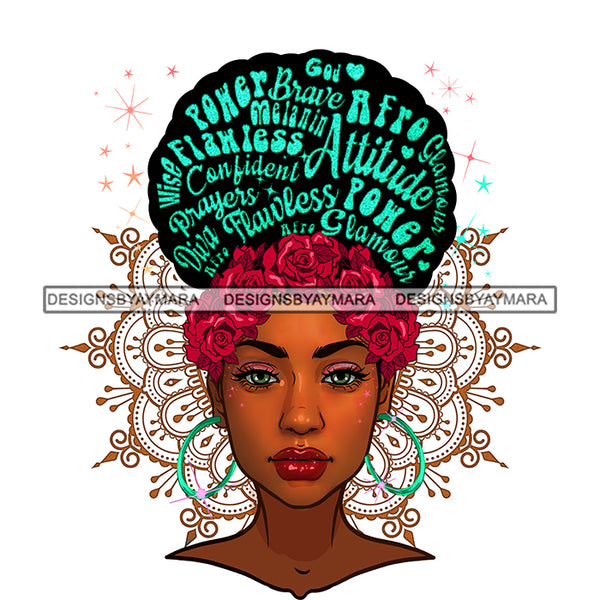 Flawless Black Woman Full Face With Words In Hair And Roses JPG PNG  Clipart Cricut Silhouette Cut Cutting