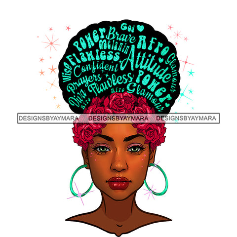Flawless Black Woman Full Face With Words In Hair And Roses JPG PNG  Clipart Cricut Silhouette Cut Cutting