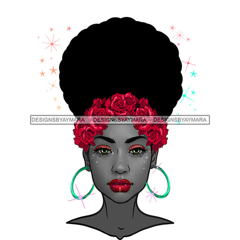 Black Woman Gray Face Afro Red Lips And Red Roses JPG PNG  Clipart Cricut Silhouette Cut Cutting