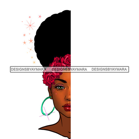 Black Woman Brown Half Face Afro  Red Roses JPG PNG  Clipart Cricut Silhouette Cut Cutting