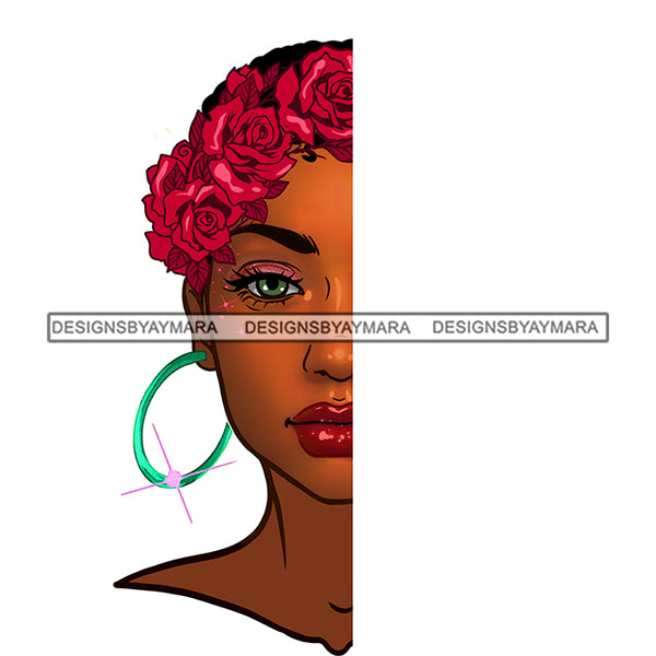 Black Woman Brown Half Face Afro  Red Roses JPG PNG  Clipart Cricut Silhouette Cut Cutting