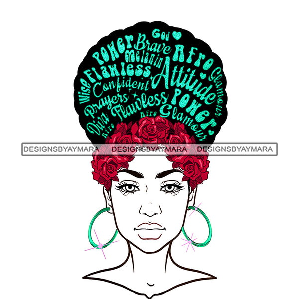 Black Woman White Face With Words In Hair Afro  Red Roses JPG PNG  Clipart Cricut Silhouette Cut Cutting