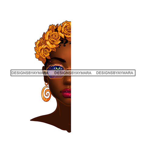 Black Woman Flawless Half Face Gold Roses JPG PNG  Clipart Cricut Silhouette Cut Cutting