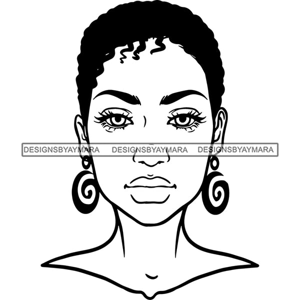 Black Woman Face Portrait Spiral Earrings  Short Hair Style B/W SVG JPG PNG Vector Clipart Cricut Silhouette Cut Cutting