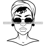 Black Woman Face Portrait Earrings Sunglasses Turban Hair Style B/W SVG JPG PNG Vector Clipart Cricut Silhouette Cut Cutting