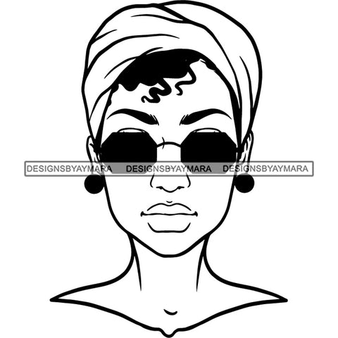 Black Woman Face Portrait Earrings Sunglasses Turban Hair Style B/W SVG JPG PNG Vector Clipart Cricut Silhouette Cut Cutting