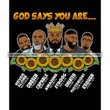 Five Afro Sexy Men King God Says You Are Strong Religious Quotes Beard Crown Sunflowers Dark Background SVG JPG PNG Vector Clipart Cricut Silhouette Cut Cutting