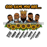 Five Afro Sexy Men King God Says You Are Strong Religious Quotes Beard Crown Sunflowers White Background SVG JPG PNG Vector Clipart Cricut Silhouette Cut Cutting