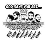 Five Afro Sexy Men King God Says You Are Enough Religious Quotes Beard Crown Sunflowers B/W SVG JPG PNG Vector Clipart Cricut Silhouette Cut Cutting