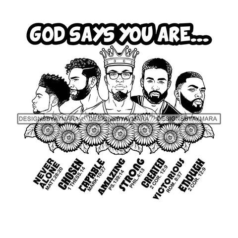 Five Afro Sexy Men King God Says You Are Enough Religious Quotes Beard Crown Sunflowers B/W SVG JPG PNG Vector Clipart Cricut Silhouette Cut Cutting