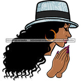 African American Woman Hard Praying Hand Meditation Pose Wearing Hat Curly Hairstyle Side Face Long Nail Close Eyes Design Element  SVG JPG PNG Vector Clipart Cricut Silhouette Cut Cutting