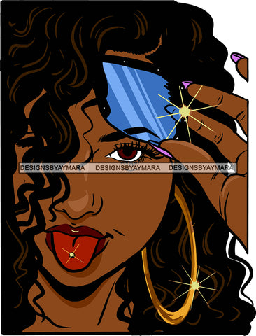 Afro Urban Street Ghetto Girls Babe Hoop Earrings Curly Long Hair Style Tongue Piercing Glasses Nails SVG Cutting Files For Silhouette Cricut