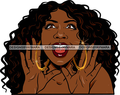 Afro Urban Street Ghetto Girls Babe Hoop Earrings Long Curly Hair Style Surprised Excited SVG Cutting Files For Silhouette Cricut