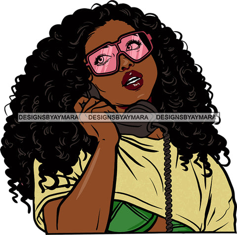 Afro Black Woman Sexy Conversation Hoop Earrings Long Curly Hair Style Sunglasses SVG Cutting Files For Silhouette Cricut