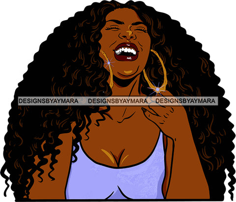 Black Goddess Glamour Hoop Earrings  Attractive Portrait  Woman Curly Long Hair Style Laughing Funny SVG Cutting Files For Silhouette  Cricut
