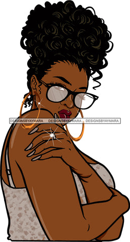 Afro Black Woman Girl Beautiful Attractive Red Lipstick Half Body Pose Hoop Earrings Up Do Hair Style Nose Piercing Style Glamour  Nails SVG Cutting Files For Silhouette Cricut