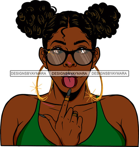 Afro Urban Street Ghetto Girls Babe Hoop Earrings Doble Buns Pigtail Hair Style Sexy Green Tank Top Tongue Glasses Nails SVG Cutting Files For Silhouette Cricut