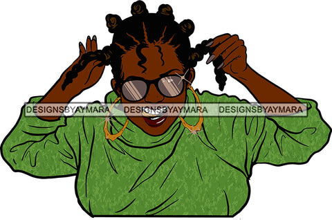 Afro Black Woman Young Girl  Hoop Earrings Emotion Smile Street Style Sunglasses  Rebel Happy Naughty Bantu Knots Hair Style Hip Hop Rapper SVG Cutting Files For Silhouette Cricut
