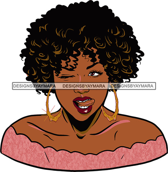 Afro Urban Street Ghetto Girls Babe Hoop Earrings Young Glamour Sexy Black Woman Short Curly Hair Style Sensual Lips Tongue  SVG Cutting Files For Silhouette Cricut