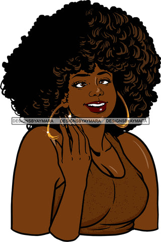 Afro Black Woman Girl Beautiful Attractive Red Lipstick Portrait Hoop Earrings Afro Hair Style Seductive Glamour Nails SVG Cutting Files For Silhouette Cricut