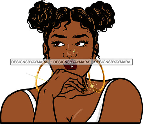 Afro Urban Black Woman Hoop Earrings Young  Sexy Lips Portrait Double Buns Hair Style Nose Piercing  SVG Cutting Files For Silhouette Cricut