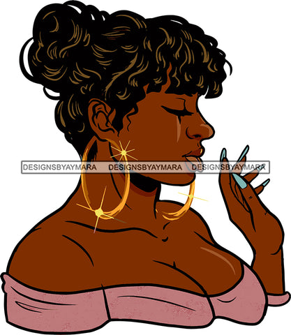 Afro Sexy Black Woman Hoop Earrings Young Glamour Bun Up Do Hair Style  Portrait Cleavage SVG Cutting Files For Silhouette Cricut