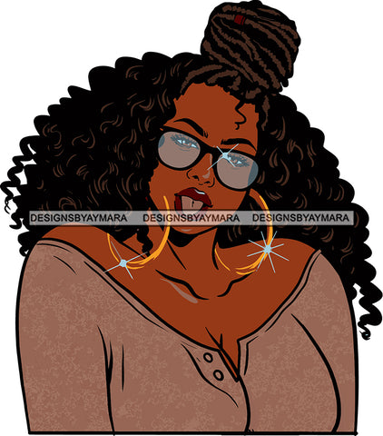 Afro Urban Street  Ghetto Girls Babe Hoop Earrings Sexy Lips Tongue Long Curly Bun Hair Style Portrait Cleavage SVG Cutting Files For Silhouette Cricut