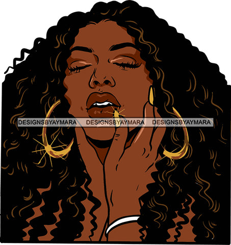 Afro Black Woman Swag Sexy Lips Nails Hoop Earrings Curly Long Hair Style Meditating SVG Cutting Files For Silhouette Cricut