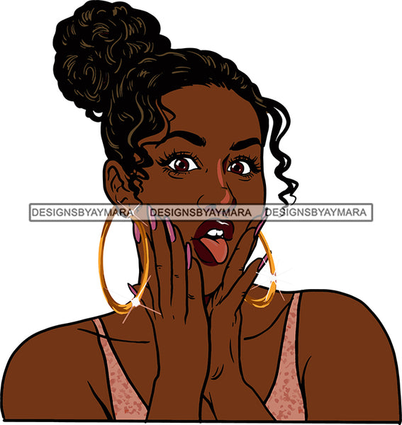 Afro Urban Street Ghetto Girls Babe Hoop Earrings Beautiful Happy Black Woman Bun Hair Style Cleavage Tongue  SVG Cutting Files For Silhouette Cricut