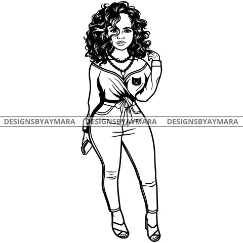 Afro Lola Attractive Urban Girl Boss Lady Queen Melanin Hoop Earrings Classy Curly Hair Style  B/W SVG Cutting Files For Silhouette Cricut More