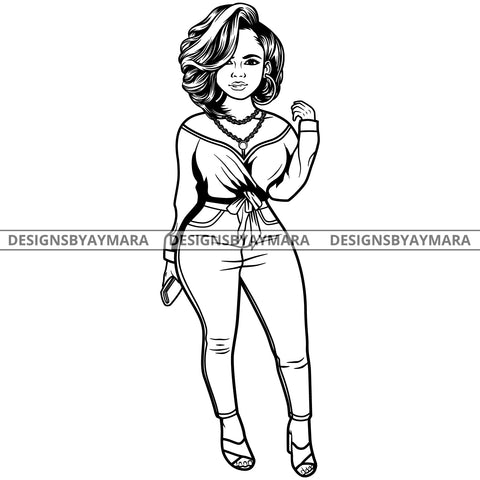 Afro Lola Attractive Urban Girl Boss Lady Queen Melanin Hoop Earrings Classy Wavy Hair Style  B/W SVG Cutting Files For Silhouette Cricut More