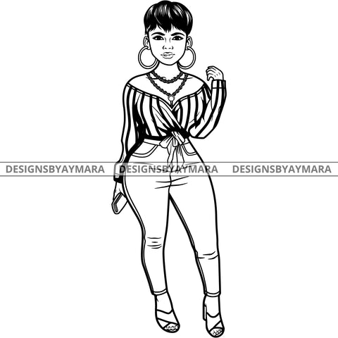 Afro Lola Attractive Urban Girl Boss Lady Queen Melanin Hoop Earrings Classy Short Hair Style  B/W SVG Cutting Files For Silhouette Cricut More