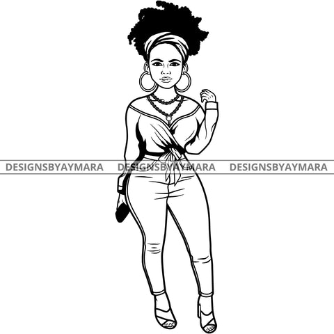 Afro Lola Attractive Urban Girl Boss Lady Queen Melanin Hoop Earrings Classy Turban Up Do Afro  Hair Style  B/W SVG Cutting Files For Silhouette Cricut More