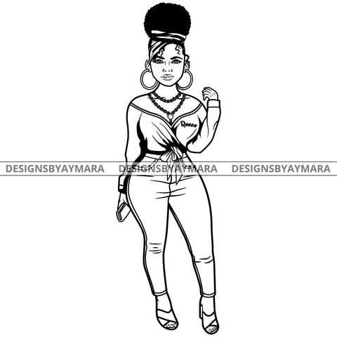 Afro Lola Attractive Urban Girl Boss Lady Queen Melanin Hoop Earrings Classy Turban Up Do Afro Hair Style  B/W SVG Cutting Files For Silhouette Cricut More