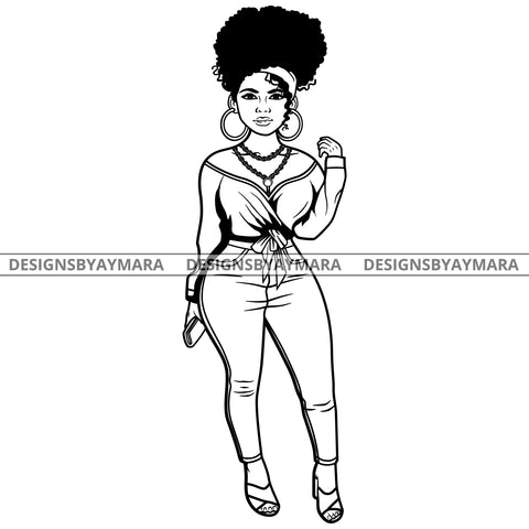 Afro Lola Attractive Urban Girl Boss Lady Queen Melanin Hoop Earrings Classy Turban Up Do Afro Hair Style  B/W SVG Cutting Files For Silhouette Cricut More
