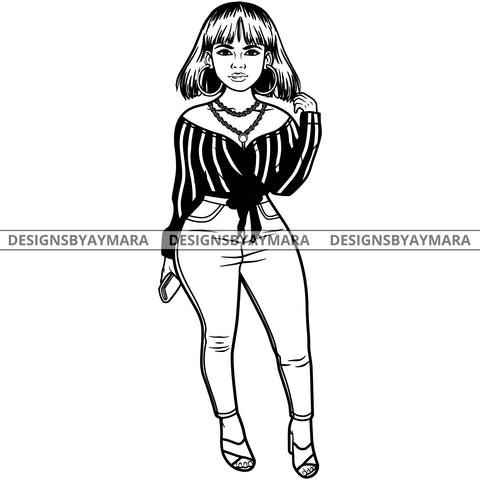 Afro Lola Attractive Urban Girl Boss Lady Queen Melanin Hoop Earrings Classy Straight Hair Style  B/W SVG Cutting Files For Silhouette Cricut More