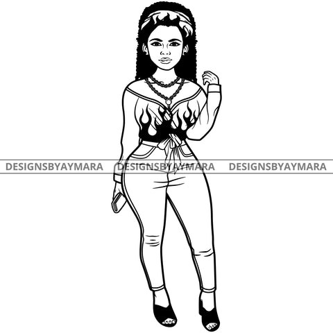 Afro Lola Attractive Urban Girl Boss Lady Queen Melanin Hoop Earrings Classy Curly Hair Style  B/W SVG Cutting Files For Silhouette Cricut More