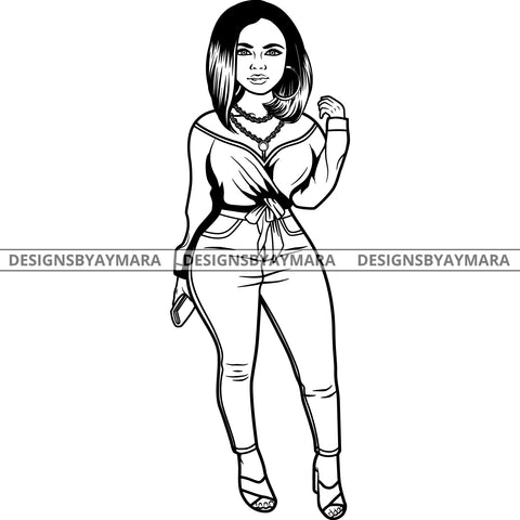 Afro Lola Attractive Urban Girl Boss Lady Queen Melanin Classy Straight Hair Style  B/W SVG Cutting Files For Silhouette Cricut More