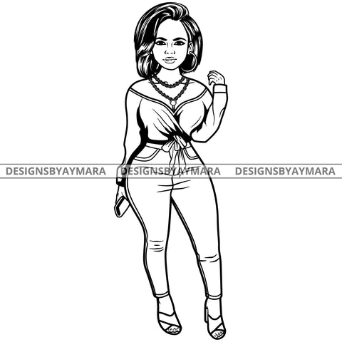 Afro Lola Attractive Urban Girl Boss Lady Queen Melanin Hoop Earrings Classy Straight Hair Style  B/W SVG Cutting Files For Silhouette Cricut More