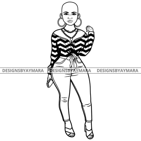 Afro Lola Attractive Urban Girl Boss Lady Queen Melanin Hoop Earrings Classy Bald Hair Style  B/W SVG Cutting Files For Silhouette Cricut More