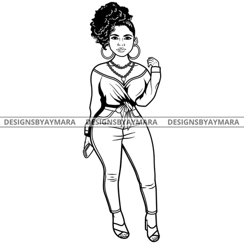 Afro Lola Attractive Urban Girl Boss Lady Queen Melanin Hoop Earrings Classy Curly Up Do Hair Style  B/W SVG Cutting Files For Silhouette Cricut More