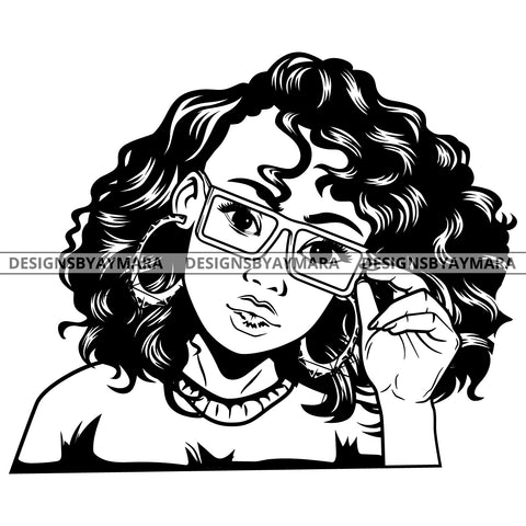 Black Goddess Lola Glamour Glasses Bamboo Hoop Earrings Sexy Attractive Portrait Fashion Woman Short Curly Hair Style B/W SVG Cutting Files For Silhouette  Cricut