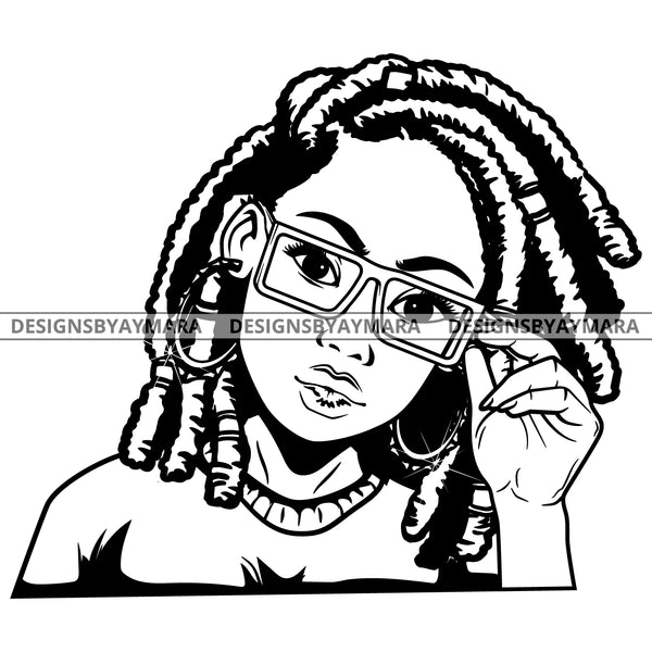 Black Goddess Lola Glamour Glasses Bamboo Hoop Earrings Sexy Attractive Portrait Fashion Woman Dreadlocks Hair Style B/W SVG Cutting Files For Silhouette  Cricut