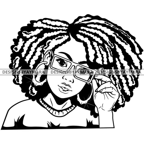 Black Goddess Lola Glamour Glasses Bamboo Hoop Earrings Sexy Attractive Portrait Fashion Woman Dreadlocks Hair Style B/W SVG Cutting Files For Silhouette  Cricut