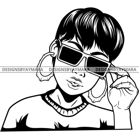Black Goddess Lola Glamour Sunglasses Bamboo Hoop Earrings Sexy Attractive Portrait Fashion Woman Short Hair Style B/W SVG Cutting Files For Silhouette  Cricut