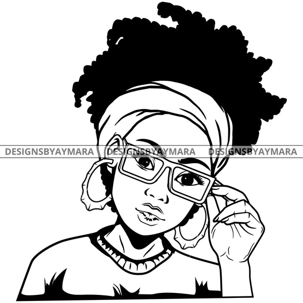Black Goddess Lola Glamour Glasses Bamboo Hoop Earrings Sexy Attractive Portrait Fashion Bandana Woman Dreadlocks Hair Style B/W SVG Cutting Files For Silhouette  Cricut