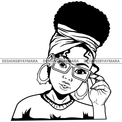 Black Goddess Lola Glamour Glasses Bamboo Hoop Earrings Sexy Attractive Portrait Fashion Woman  Bandana Up Do Hair Style B/W SVG Cutting Files For Silhouette  Cricut